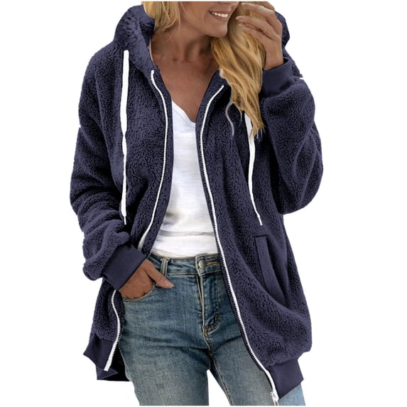 ABATAB Long Hoodies for Womens Full Zip up Fuzzy Long Sleeve Drawstring Fleece Warm Winter Jackets Coat with Pockets