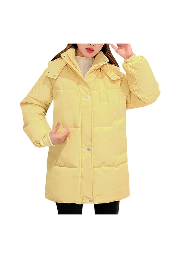 Long Puffer Padded Coats for Women Detachable Hooded Winter Parka Outerwear Long Sleeve Warm Quilted Jackets with Pockets(X-Large,Yellow)