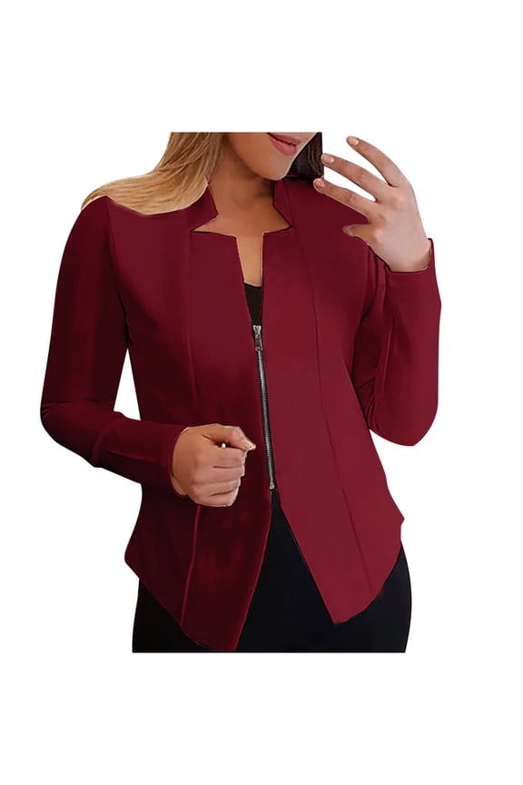 Long Sleeve Blazers for Women Lightweight Casual Zip up Business Suit Jackets Fashion Slim Fit Work Office Outerwear(Large,Wine)