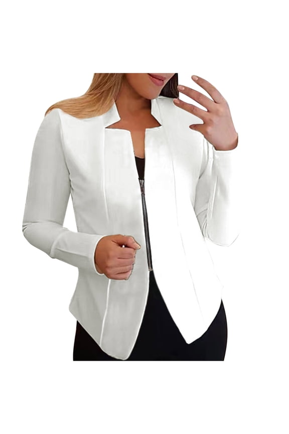 Long Sleeve Blazers for Women Lightweight Casual Zip up Business Suit Jackets Fashion Slim Fit Work Office Outerwear(Medium,White)