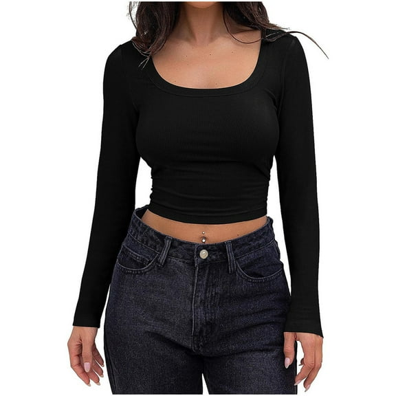 ABATAB Long Sleeve Crop Tops for Women Ribbed Knit Square Neck Slim Tops Fall Going out Sexy Basic Tee Shirts