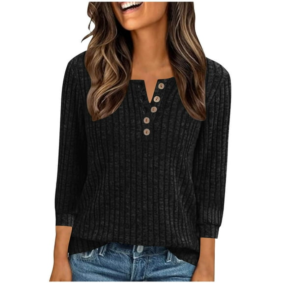 ABATAB Long Sleeve Henley Shirts for Women's Soft Ribbed Lightweight Tunic Tops Pullover Casual Loose Fit Button T-Shirts(X-Large,Black)