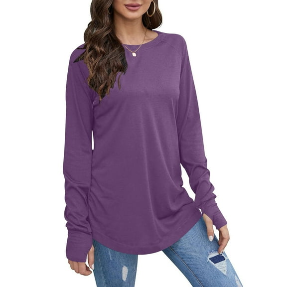 ABATAB Long Sleeve Pullover Tops for Women Casual Crew Neck Plain Long Shirts with Thumb Hole Loose Fit Comfy Summer Fall Daily T-Shirts(Large,Purple)