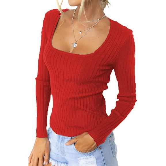 ABATAB Long Sleeve Pullover Tops for Women Casual Square Neck Plain Layering Tunic Shirts Slim Fit Ribbed Knitted T-Shirts Ladies Fashion(Small,Red)