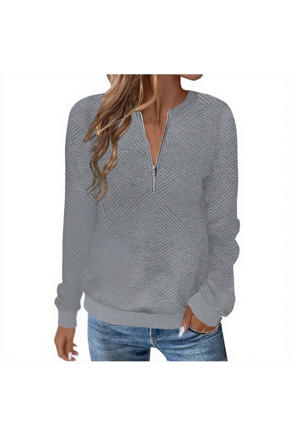 Long Sleeve Pullover Tops for Women Soft 1/4 Zipper Sweatshirts Trendy Textured Solid Color Quilted Shirts Ladies Fashion(Large,Gray)