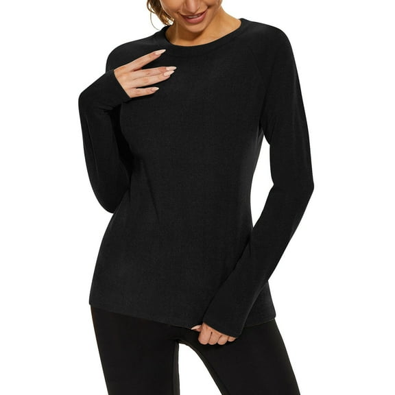 ABATAB Long Sleeve Pullover for Women Warm Crew Neck Undershirts Thin Fleece Shirts Fall Winter Thermal Layering Tops(X-Large,Black)