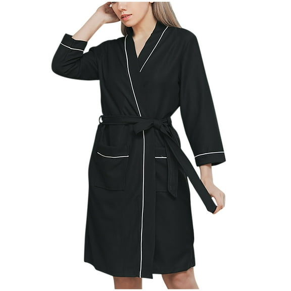 ABATAB Long Sleeve Robes for Women Lightweight Wedding Party Belted Robes Sexy Sleepwear with Pockets