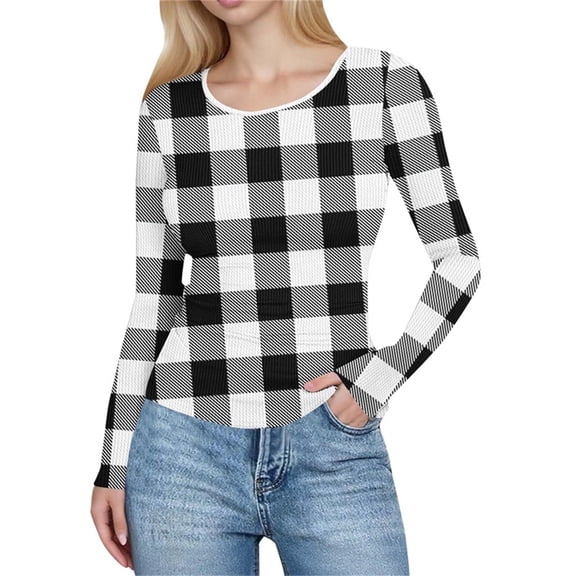 ABATAB Long Sleeve Shirt for Women Lightweight Tops Crewneck Plaid Casual Basic T-Shirts Fashion Comfy Clothes