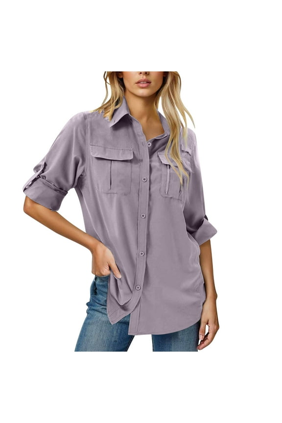Long Sleeve Shirts for Women Soft UPF 50 UV Sun Protection Button down Tops with Pockets Casual Vacation Fishing Hiking T-Shirts(X-Large,Purple)