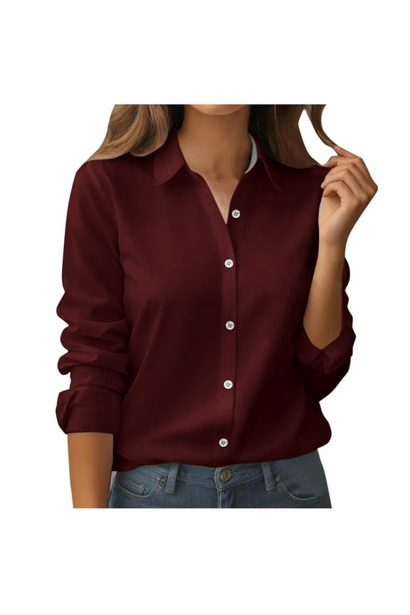 Long Sleeve Shirts for Women Button down Dressy T-Shirts with Pockets Casual Lapel V-Neck Office Work Classic Top Blouses(Large,Wine)