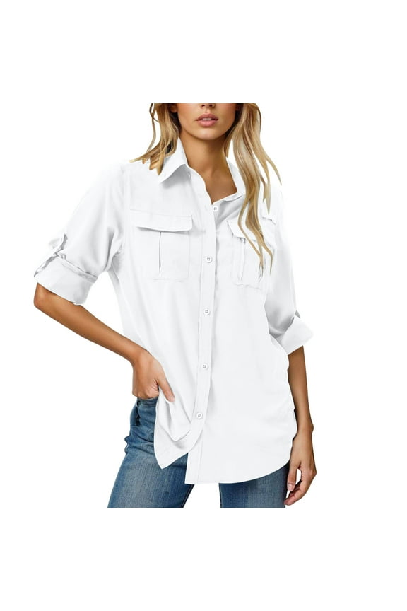 Long Sleeve Shirts for Women Soft UPF 50 UV Sun Protection Button down Tops with Pockets Casual Vacation Fishing Hiking T-Shirts(Medium,White)