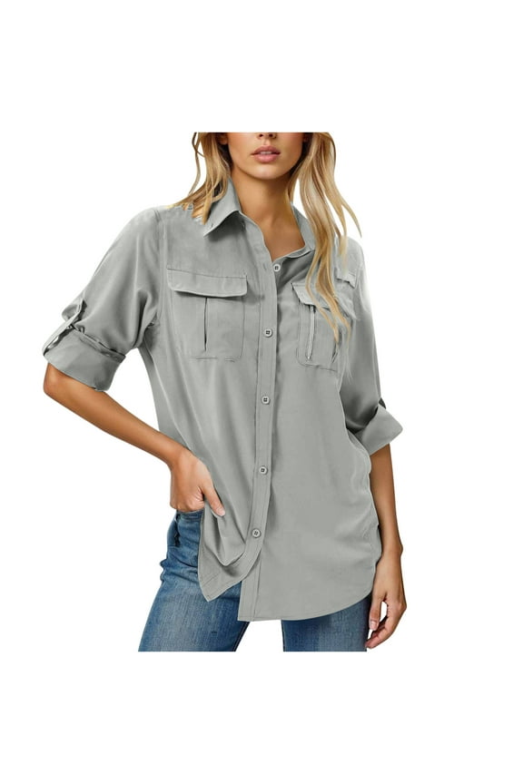 Long Sleeve Shirts for Women Soft UPF 50 UV Sun Protection Button down Tops with Pockets Casual Vacation Fishing Hiking T-Shirts(Small,Silver)
