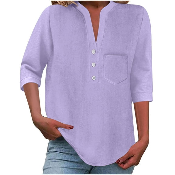 ABATAB Long Sleeve Shirts for Women V Neck Dressy Casual Button Comfy Fashion Tops Spring Clothes with Pocket