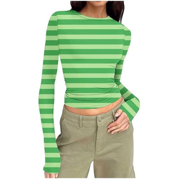 ABATAB Long Sleeve Shirts for Womens Crewneck Crop Tops Striped Slim Fitted T Shirts Casual Trendy Going out Outfit