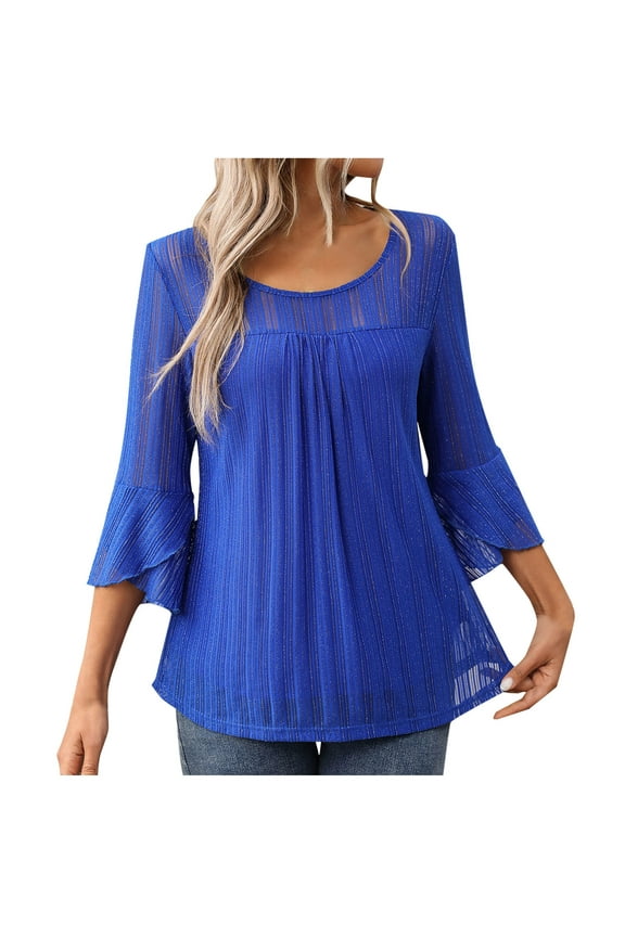 Mesh Shirts for Women Trendy Flowy Summer Vacation Dressy Tops Fall 3/4 Ruffle Sleeve Casual Work Tunics Layered Ladies Blouses(Large,Blue)