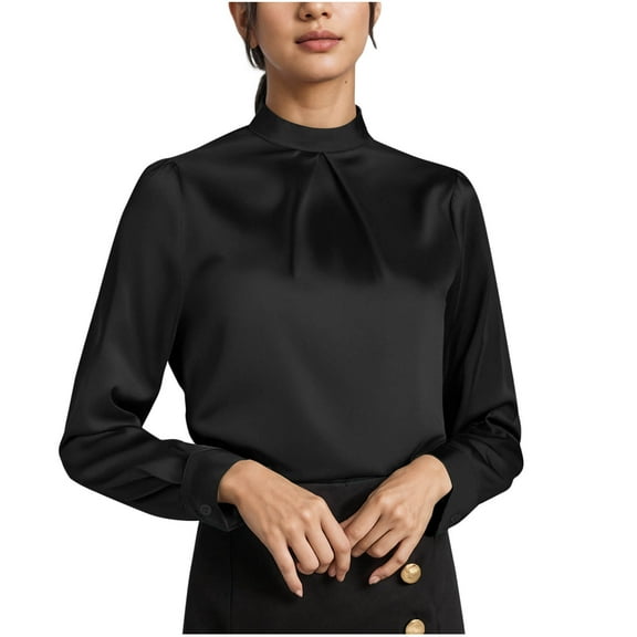 ABATAB Mock Neck Satin Shirts for Women Casual Silky Plain Dressy Pullover Tops Elegant Long Sleeve Business Office Ladies Outfits(Medium,Black)