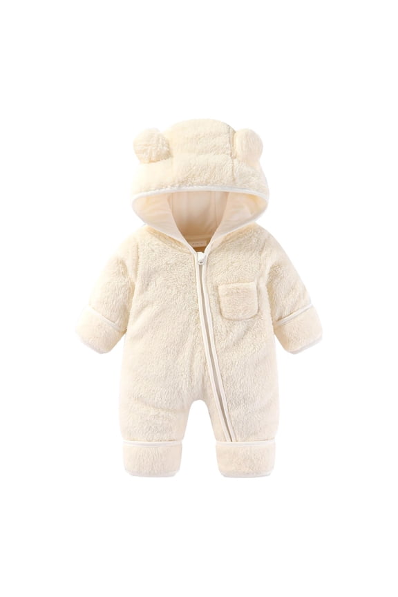 Newborn Baby Boy Girl Fuzzy Outfit Snowsuit Fleece Jumpsuit Romper Hooded Winter Warm Clothes with Pocket
