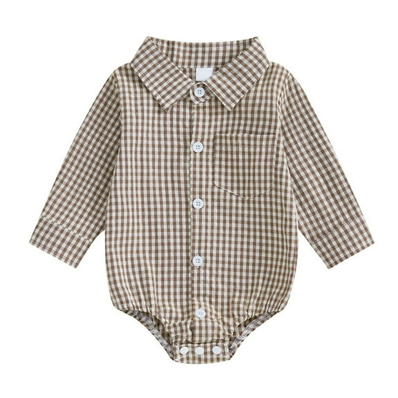ABATAB Newborn Baby Boy Girls Plaid Outfit Lapel Romper Tops Infant Long Sleeve Button down Casual Bodysuit Clothes with Pocket