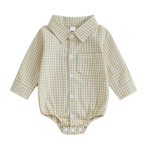 ABATAB Newborn Baby Boy Girls Plaid Outfit Lapel Romper Tops Infant Long Sleeve Button down Casual Bodysuit Clothes with Pocket
