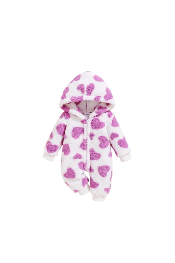 Newborn Baby Girl Boy Warm Rompers Clothes Heart Print Hoodie Cute Long Sleeve Zipper Jumpsuit Fall Winter Outfit