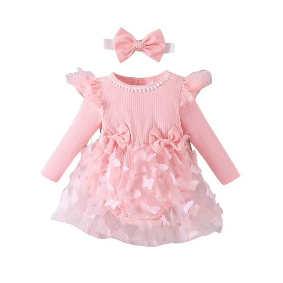 ABATAB Newborn Baby Girl Romper Long Sleeve Crewneck Skirt Set Bodysuit Dresses Infant Cute Jumpsuit Clothes with Headband
