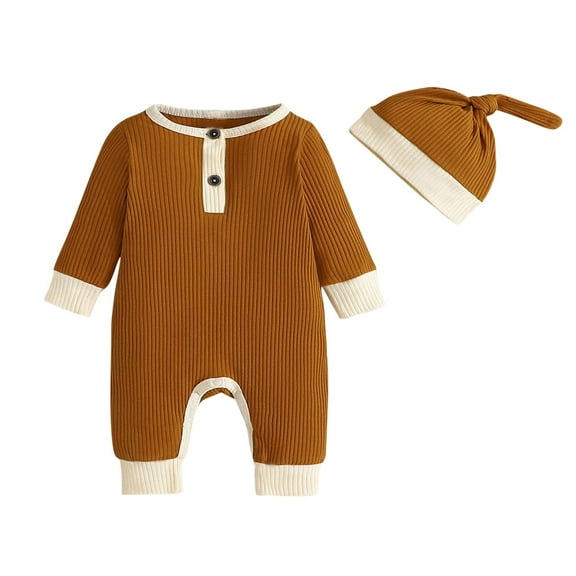 ABATAB Newborn Baby Romper Clothes Girl Boy Coming Home Outfit Cute Ribbed Knit One Piece Jumpsuit Clothes with Hat