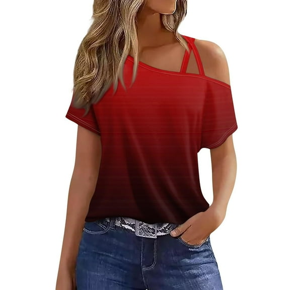 ABATAB Off One Shoulder Tops for Women Summer Short Sleeve Gradient T-Shirts Dressy Casual Lightweight Trendy Shirt Blouses