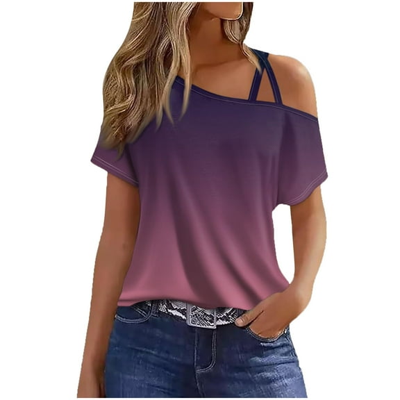 ABATAB Off One Shoulder Tops for Women Summer Short Sleeve Gradient T-Shirts Dressy Casual Lightweight Trendy Shirt Blouses