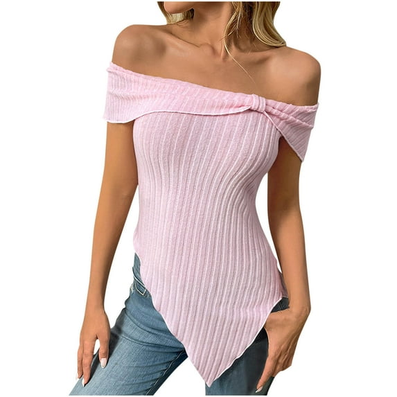 ABATAB Off the Shoulder Shirts for Women Bow Slim Fit Party Tops Short Sleeve Irregular Hem Trendy Summer Tshirt Blouses