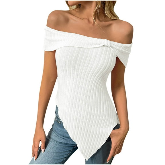 ABATAB Off the Shoulder Shirts for Women Bow Slim Fit Party Tops Short Sleeve Irregular Hem Trendy Summer Tshirt Blouses