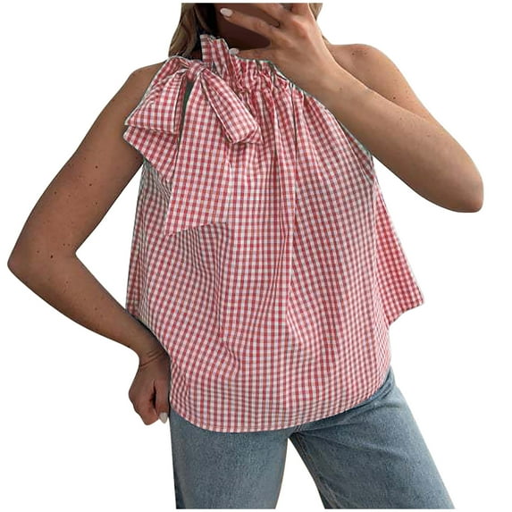 ABATAB Off the Shoulder Tops for Women Tie Neck Sleeveless Plaid Blouse Loose Camisole Shirts