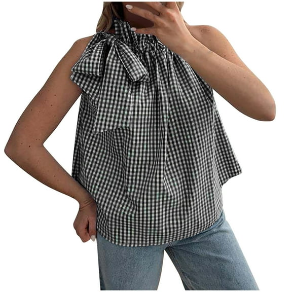 ABATAB Off the Shoulder Tops for Women Tie Neck Sleeveless Plaid Blouse Loose Camisole Shirts