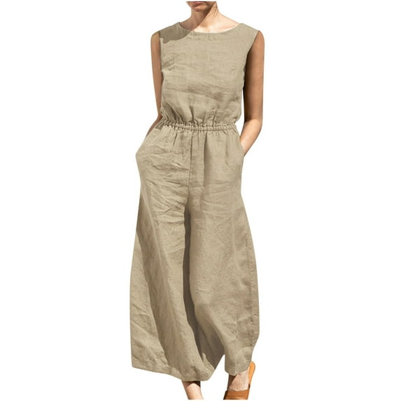 ABATAB One Piece Jumpsuits for Women Elegant Sleeveless Cotton Linen Casual Wide Leg Summer Vacation Travel Rompers with Pockets(Small,Khaki)