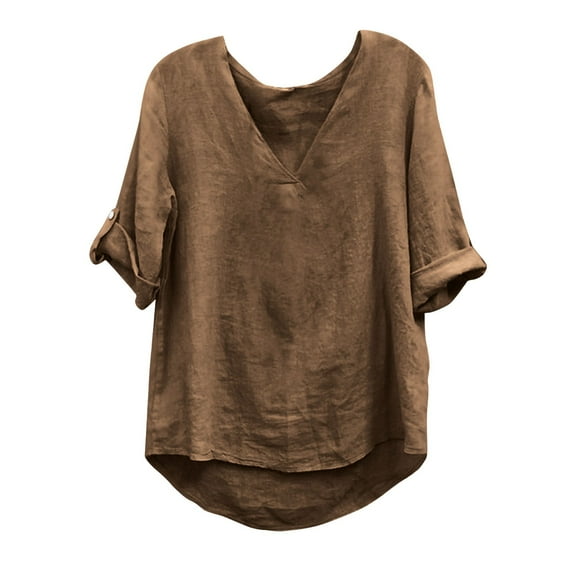 ABATAB Oversized Pullover Tops for Women Soft Cotton Linen Summer Fall Casual T-Shirts Lightweight Roll up Half Sleeve Blouses(Small,Brown)