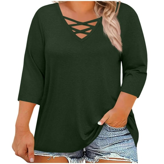 ABATAB Oversized Shirts for Women Casual Fall Criss Cross 3/4 Length Sleeve Tops Loose Fit Solid Color Lightweight Pullover(Large,Green)