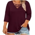 thumbnail image 1 of ABATAB Oversized Shirts for Women Casual Fall Criss Cross 3/4 Length Sleeve Tops Loose Fit Solid Color Lightweight Pullover(X-Large,Wine), 1 of 6