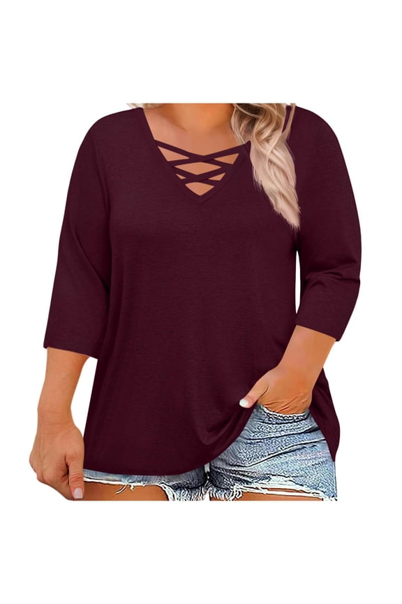 Oversized Shirts for Women Casual Fall Criss Cross 3/4 Length Sleeve Tops Loose Fit Solid Color Lightweight Pullover(X-Large,Wine)