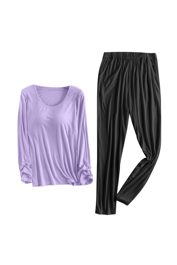 Pajama Sets for Women Casual Loungewear Long Sleeve Tops with Build in Bra Long Pants 2 Piece Pjs Sets Sleepwear