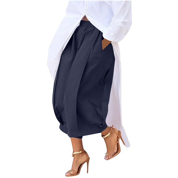 ABATAB Palazzo Capri Pants for Women Wide Leg Ruched Summer Crop Trousers Elastic Waisted Casual Loose Lounge Beach Clothes with Pockets