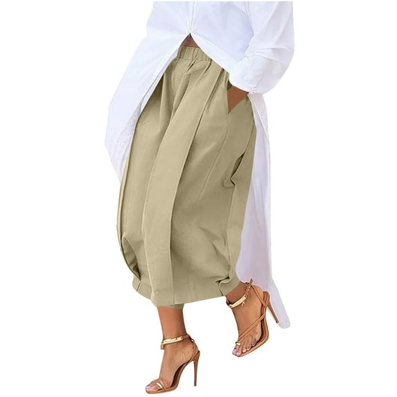 ABATAB Palazzo Capri Pants for Women Wide Leg Ruched Summer Crop Trousers Elastic Waisted Casual Loose Lounge Beach Clothes with Pockets
