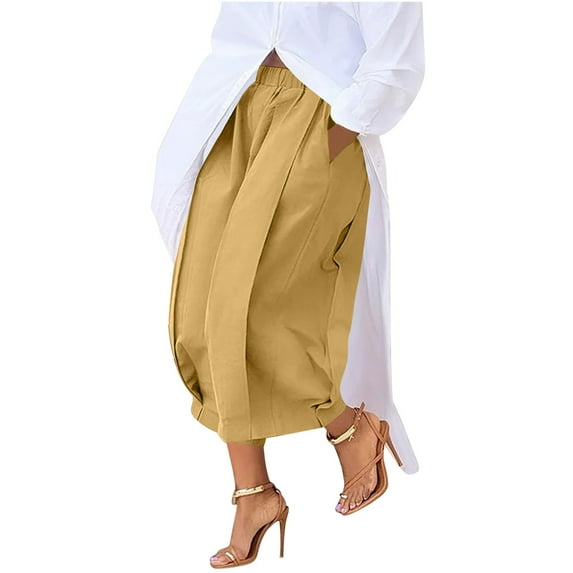 ABATAB Palazzo Capri Pants for Women Wide Leg Ruched Summer Crop Trousers Elastic Waisted Casual Loose Lounge Beach Clothes with Pockets