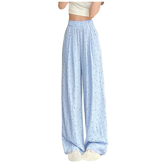 ABATAB Palazzo Pants for Women Casual High Waist Polka Dot Printed Trousers Baggy Lightweight Wide Leg Pants with Pockets