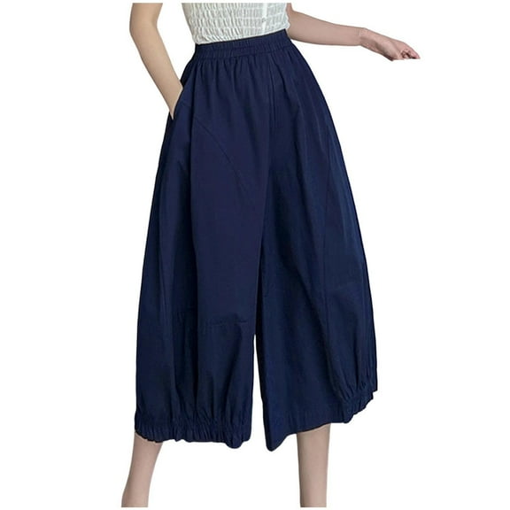 ABATAB Palazzo Pants for Women Wide Leg Baggy Casual Trousers Summer Beach Vacation High Waisted Pants with Pockets