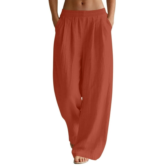 ABATAB Palazzo Pants for Women Soft Cotton Linen Beach Vacation Pants with Pockets Lightweight Pleated Front Fashion Wide Leg Pants(Medium,Orange)
