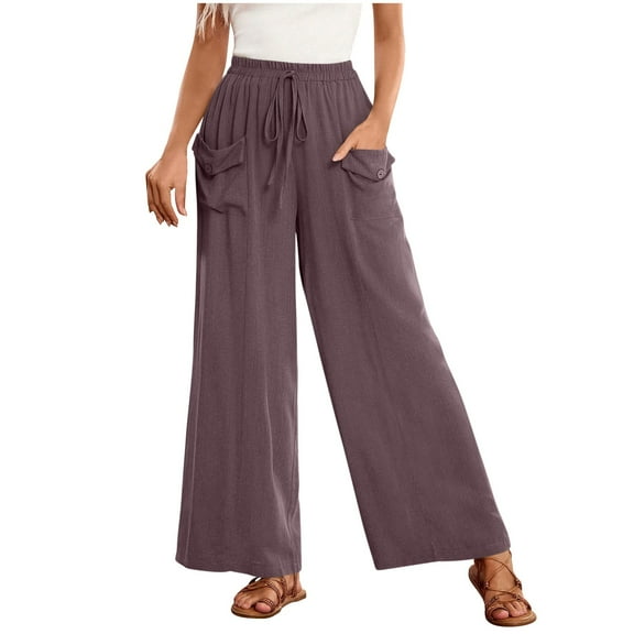 ABATAB Palazzo Pants for Women Summer Wide Leg Drawstring Pants Trendy Cotton Linen Beach Vacation Outfits with Pockets