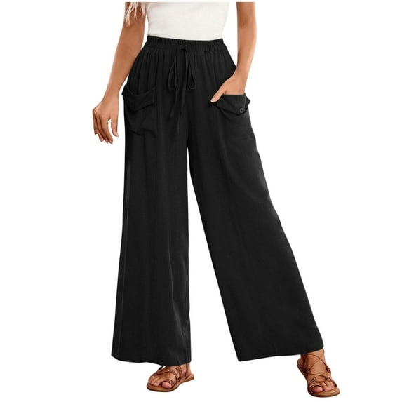 ABATAB Palazzo Pants for Women Summer Wide Leg Drawstring Pants Trendy Cotton Linen Beach Vacation Outfits with Pockets
