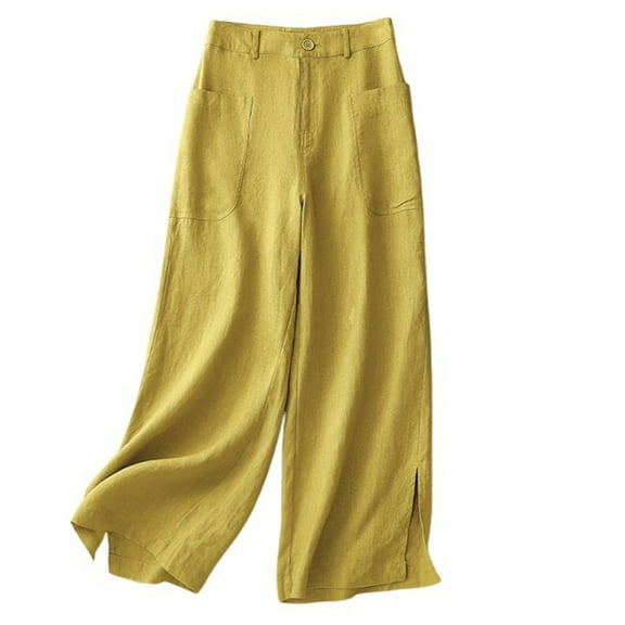 ABATAB Palazzo Pants for Women with Pockets Wide Leg Causal Pants Summer Cotton Linen Side Splits Trousers for Beach Travel