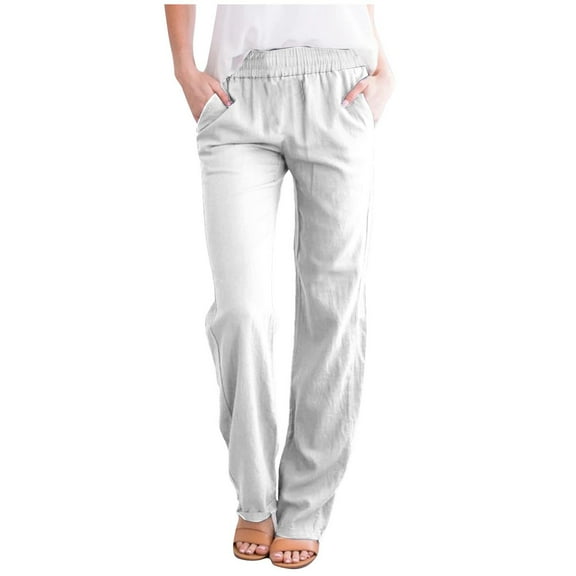ABATAB Pants for Women Casual High Waisted Pull on Pants Loose Fit Lounge Pure Color Beach Trousers with Pockets