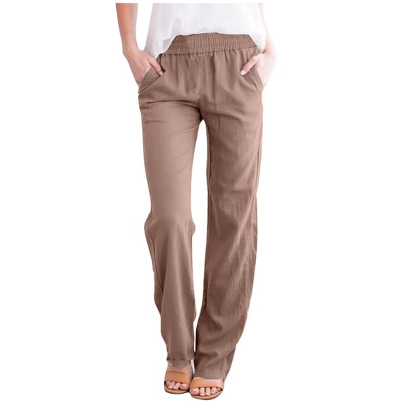 ABATAB Pants for Women Casual High Waisted Pull on Pants Loose Fit Lounge Pure Color Beach Trousers with Pockets