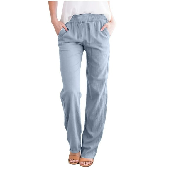 ABATAB Pants for Women Casual High Waisted Pull on Pants Loose Fit Lounge Pure Color Beach Trousers with Pockets